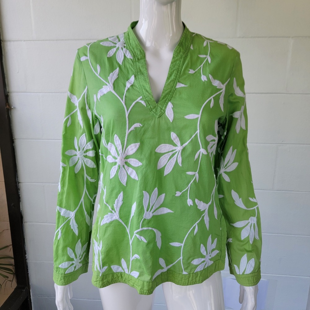 Talbots Embroidered Floral Tunic Green Women's 8 Preppy Coastal